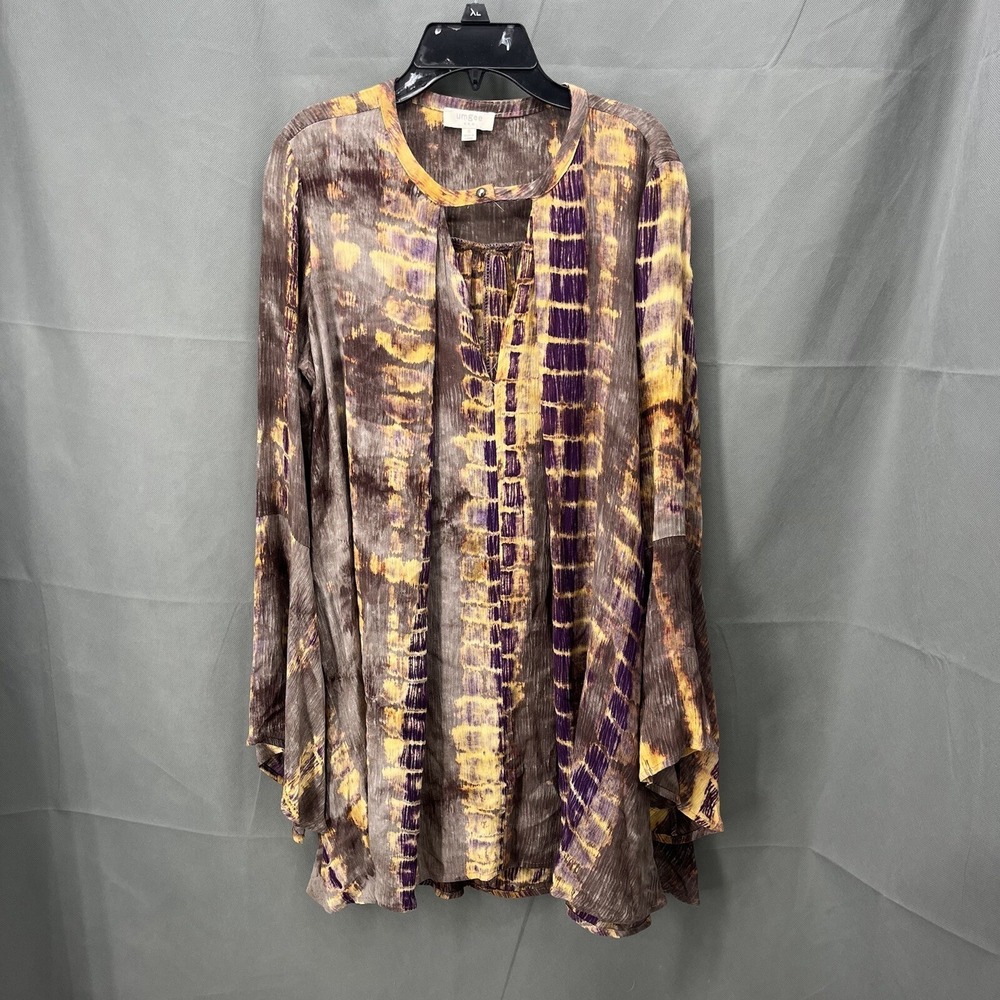 Umgee Dress Women's Small Maroon and Tan With Bell Sleeves Boho Shift Tunic